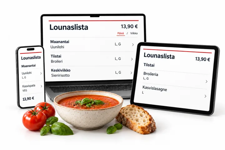 OmaLounaan laitehavainnekuva: lounaslista puhelimella, tietokoneella ja tabletilla tomaattikeiton ja leivän vieressä.